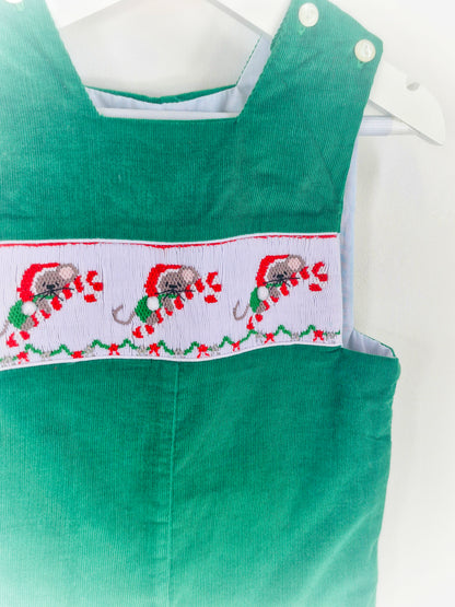 12 months. Green corduroy romper with smocking and embroidered mice with Christmas hats & candy canes