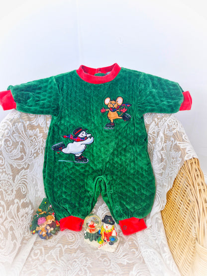 6-9 months. Green quilted romper with red trim, ice skating snowman and mouse