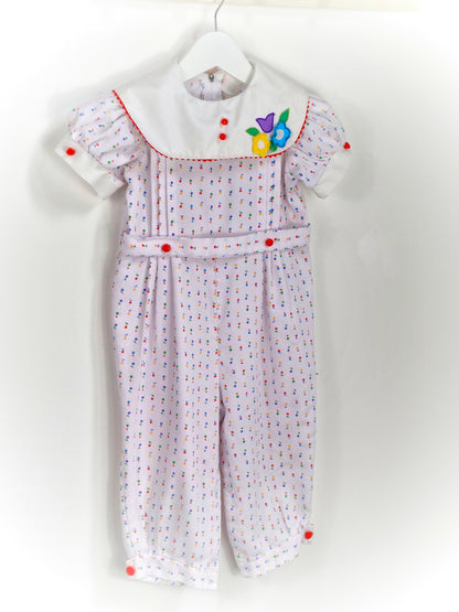 18-24 months. White vintage romper with floral stripes, white bib and flower applique
