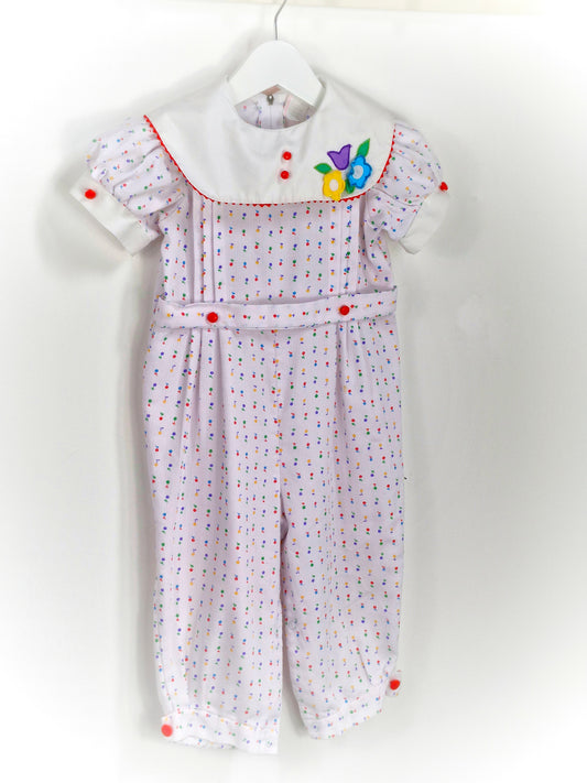 18-24 months. White vintage romper with floral stripes, white bib and flower applique