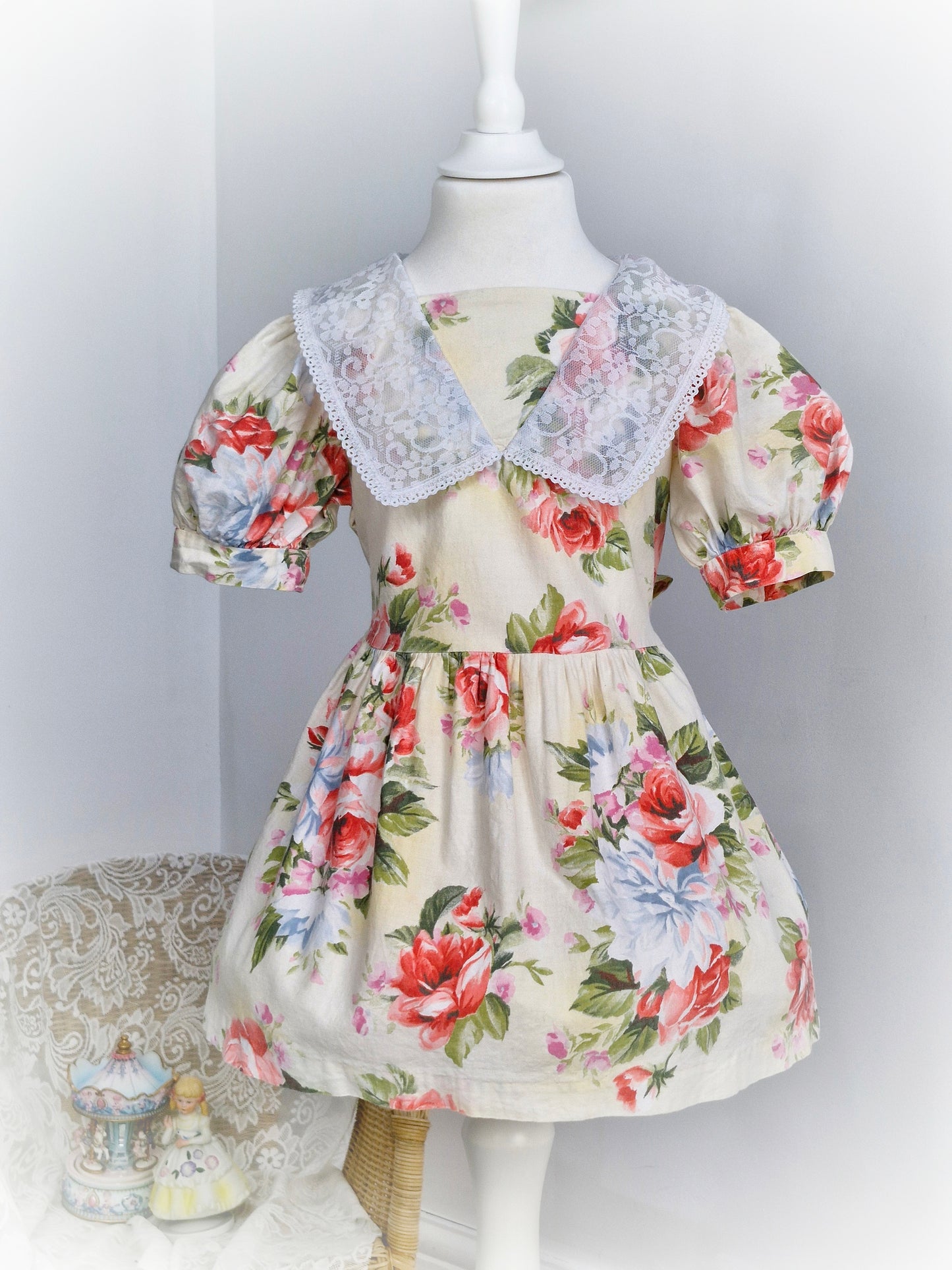 3 years. Cream floral.vintage dress by Sugar Plum, puff sleeves and white lace bib