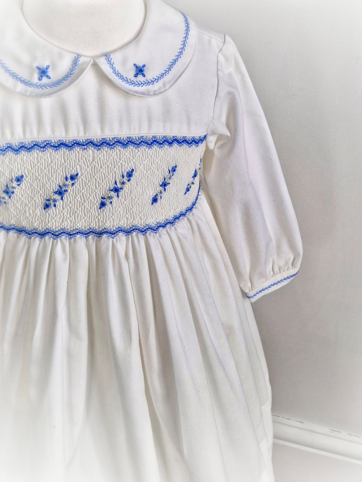 5 years. White Sarah Louise smock dress with blue embroidery