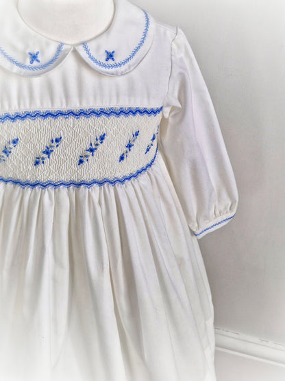5 years. White Sarah Louise smock dress with blue embroidery