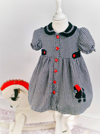 3 years. Black and white dogtooth vintage dress with red heart buttons and a poodle applique