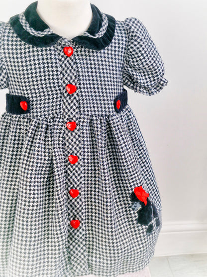 3 years. Black and white dogtooth vintage dress with red heart buttons and a poodle applique