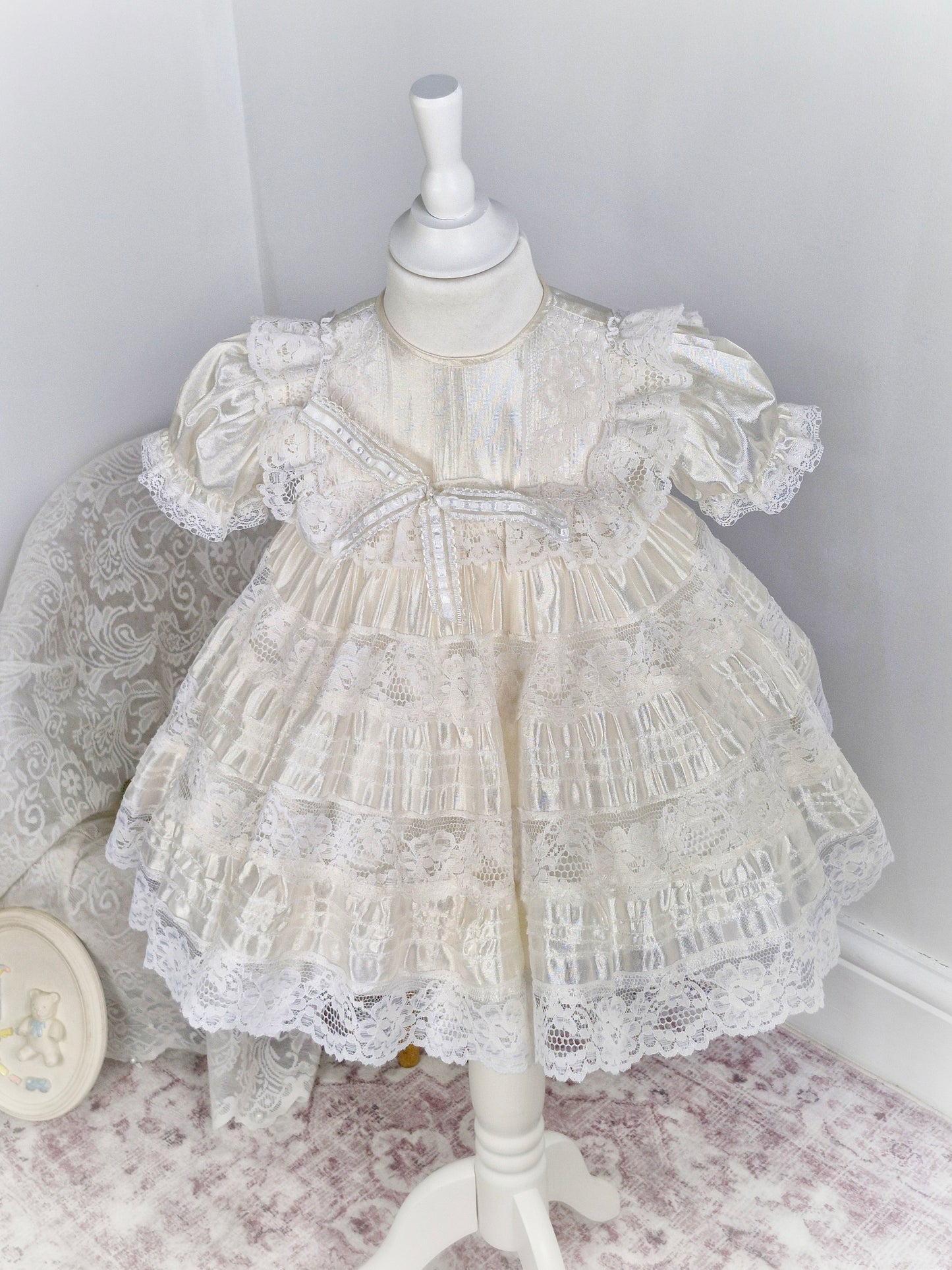 2 years. Cream satin and lace vintage dress from Maryvel