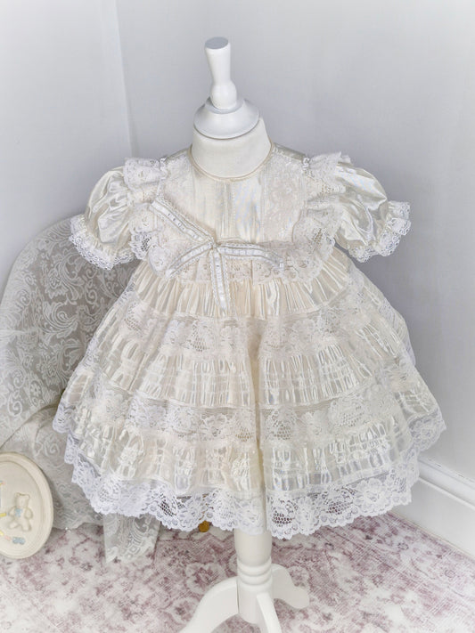 2 years. Cream satin and lace vintage dress from Maryvel