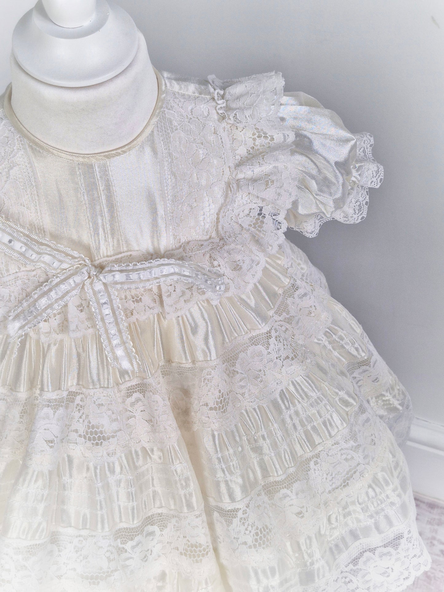 2 years. Cream satin and lace vintage dress from Maryvel