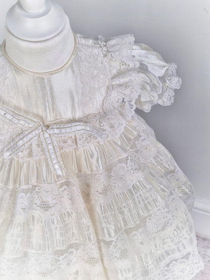 2 years. Cream satin and lace vintage dress from Maryvel