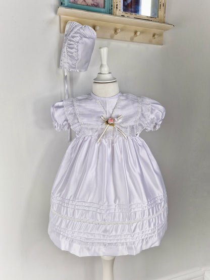 1-2 years. White satin christening gown and bonnet