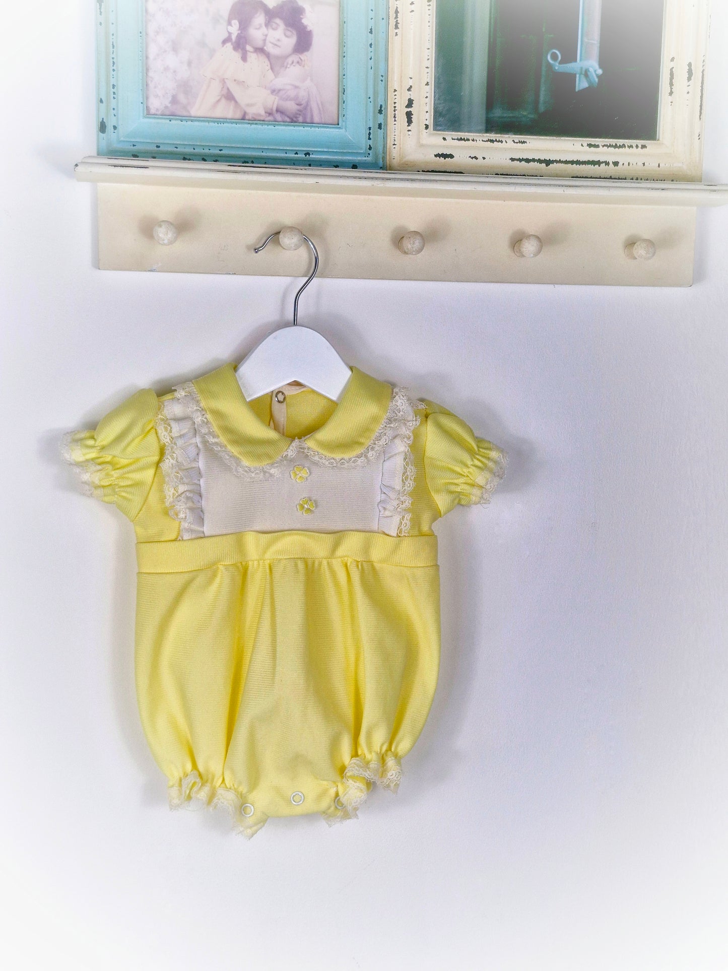 3-6 months. Lemon and white vintage summer romper