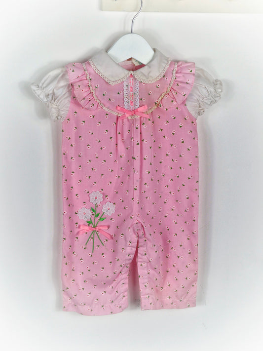 3-6 months. Tiny Tots vintage romper, pink with flower print, white collar and sleeves