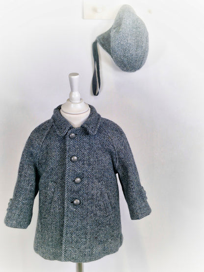 18-24 months. Grey vintage herringbone wool coat with collar and silver buttons and matching hat.