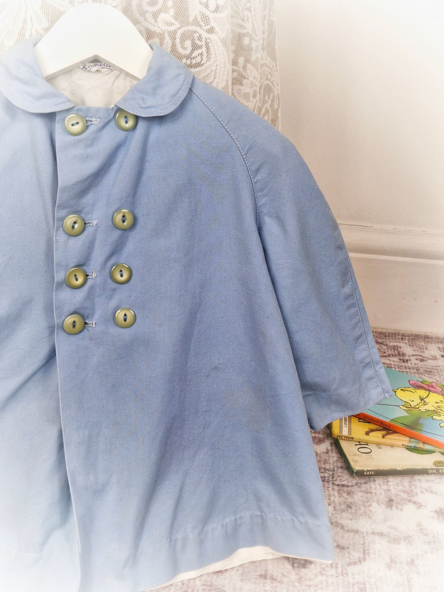 2 years. Light blue vintage double breasted jacket. Unisex.