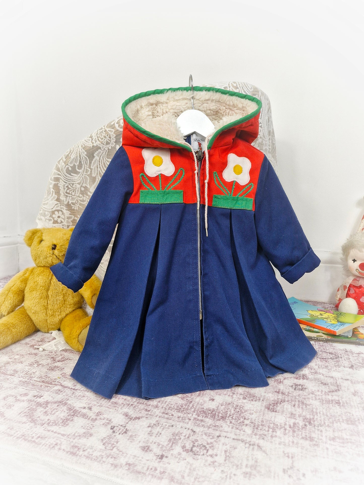 2 years. Colour block vintage coat by Koala Way, fleece hood, pleats and flower appliques