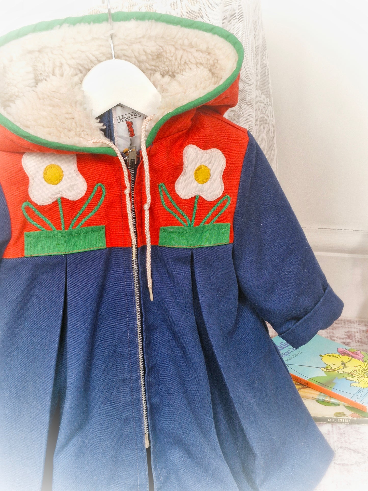2 years. Colour block vintage coat by Koala Way, fleece hood, pleats and flower appliques
