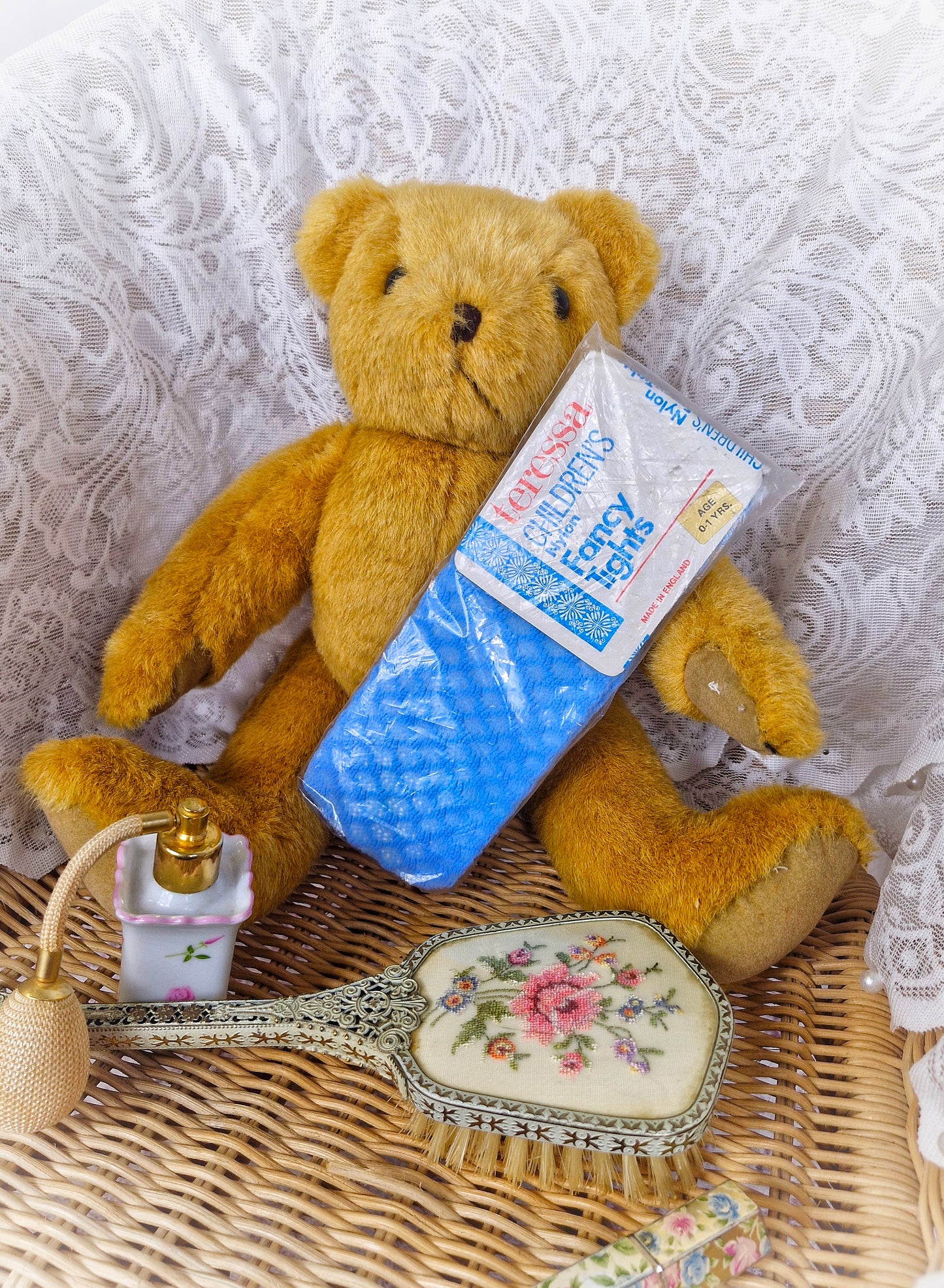 0-1 years. Vintage Teressa children's cumfi tights in blue diamonds