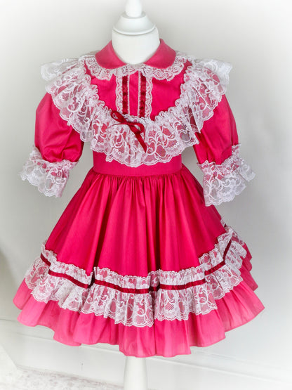 5 years. Hot pink Kotton Kandi vintage dress with Peter Pan collar and white lace details
