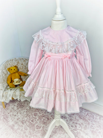 3 years. Long sleeve pink vintage dress by Sandys Girls, white lace details, pink tieback with ribbons