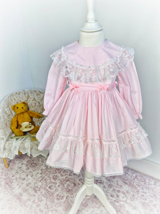3 years. Long sleeve pink vintage dress by Sandys Girls, white lace details, pink tieback with ribbons