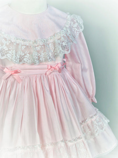 3 years. Long sleeve pink vintage dress by Sandys Girls, white lace details, pink tieback with ribbons