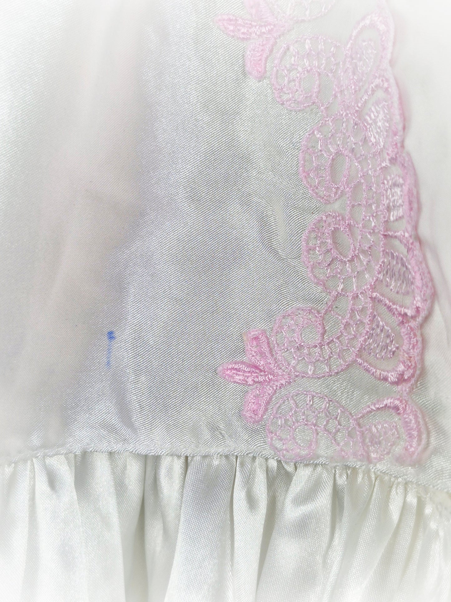 3 years. White satin vintage layered dress with pink lace and puff sleeves.