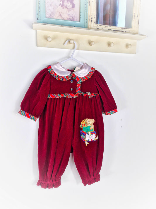 9-12 months. Burgundy velvet vintage romper with tartan trim, peter pan collar and Christmas teddy
