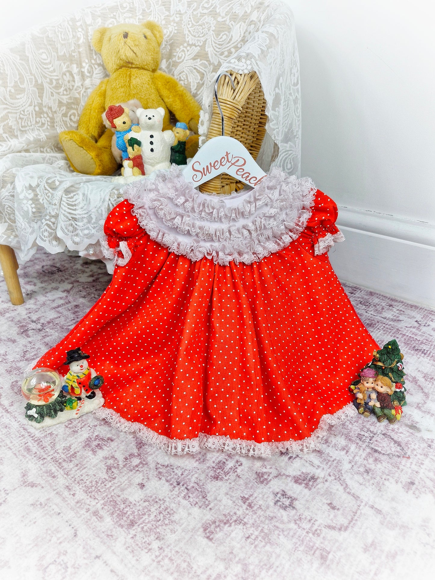 9-12 months. Red and white polka dot vintage dress white white ruffley bib