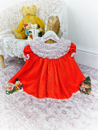 9-12 months. Red and white polka dot vintage dress white white ruffley bib
