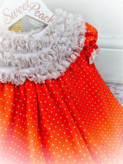9-12 months. Red and white polka dot vintage dress white white ruffley bib