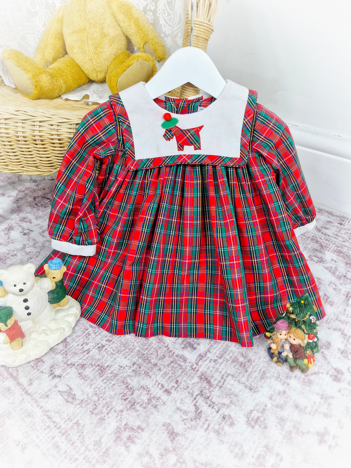 9-12 months. Vintage Jayne Copeland. Tartan dress with white bib and scottie dog