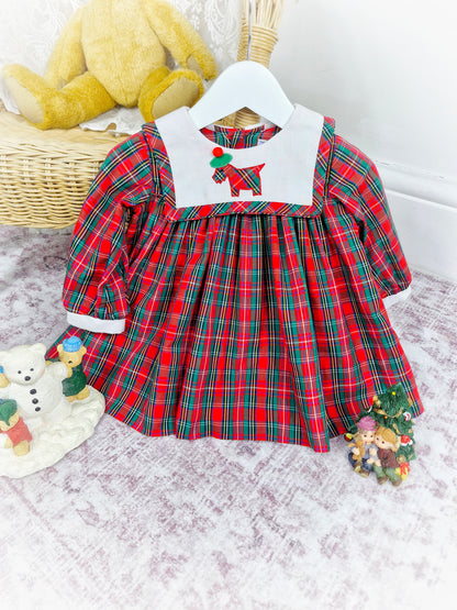 9-12 months. Vintage Jayne Copeland. Tartan dress with white bib and scottie dog