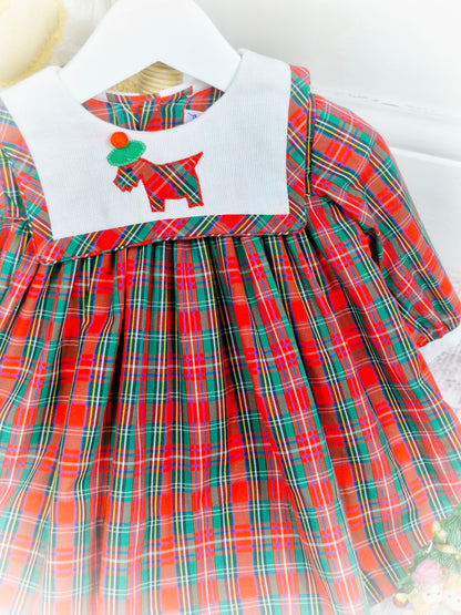 9-12 months. Vintage Jayne Copeland. Tartan dress with white bib and scottie dog