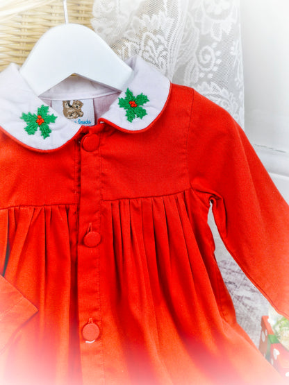 2 years. Red button down vintage inspired dress with long sleeves and white collar embroidered with holly leaves and berries
