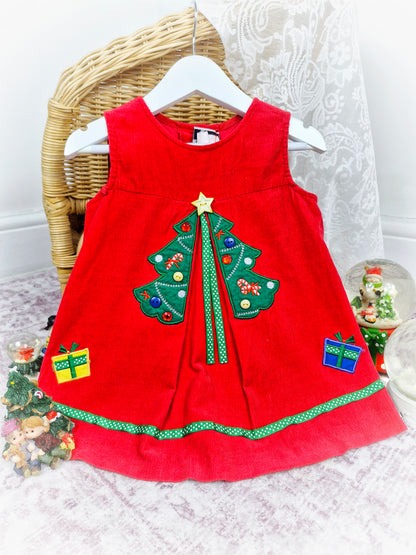 18-24 months/2 years. Red sleeveless corduroy dress from Rare Editions with Christmas tree