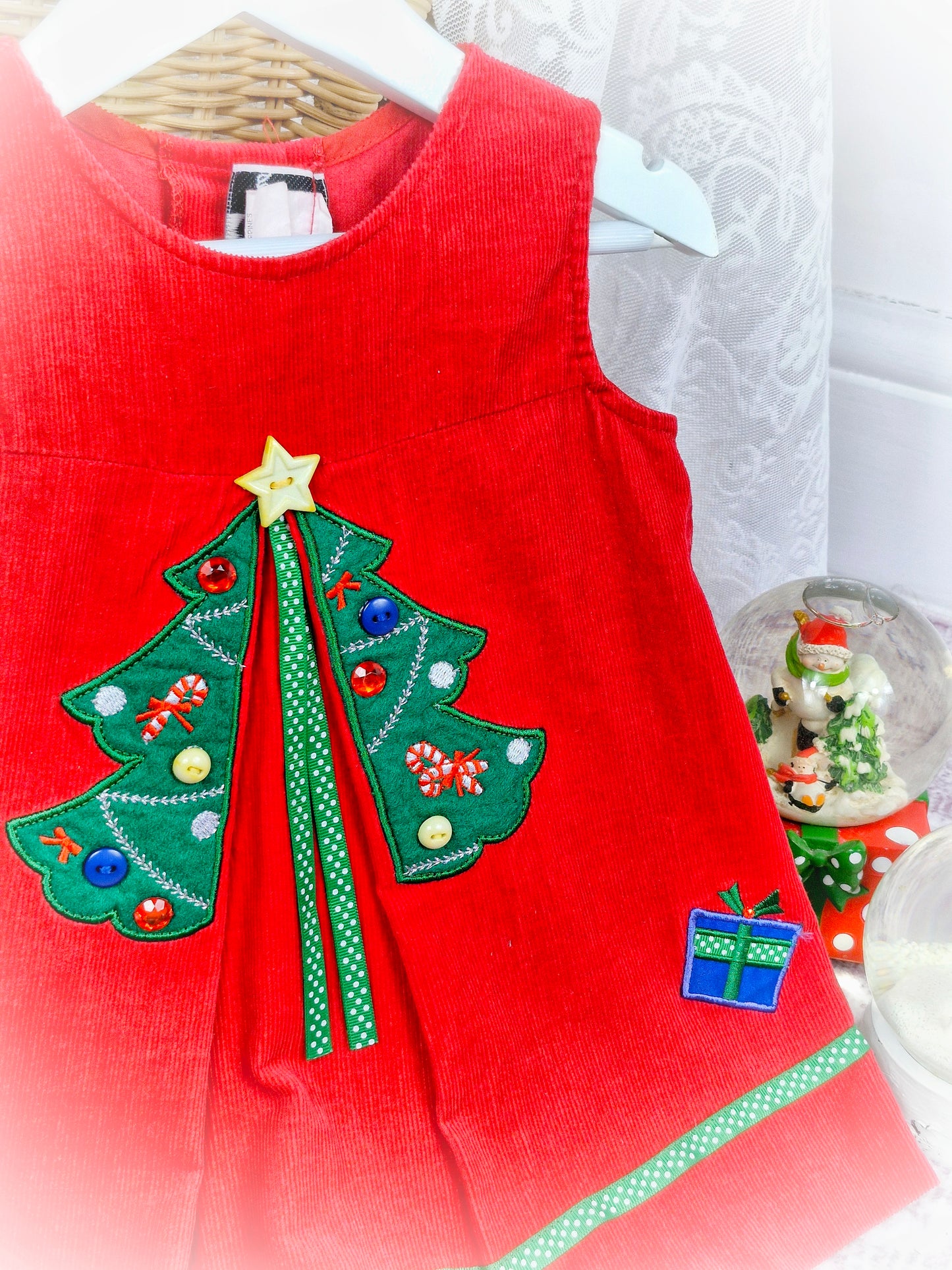 18-24 months/2 years. Red sleeveless corduroy dress from Rare Editions with Christmas tree