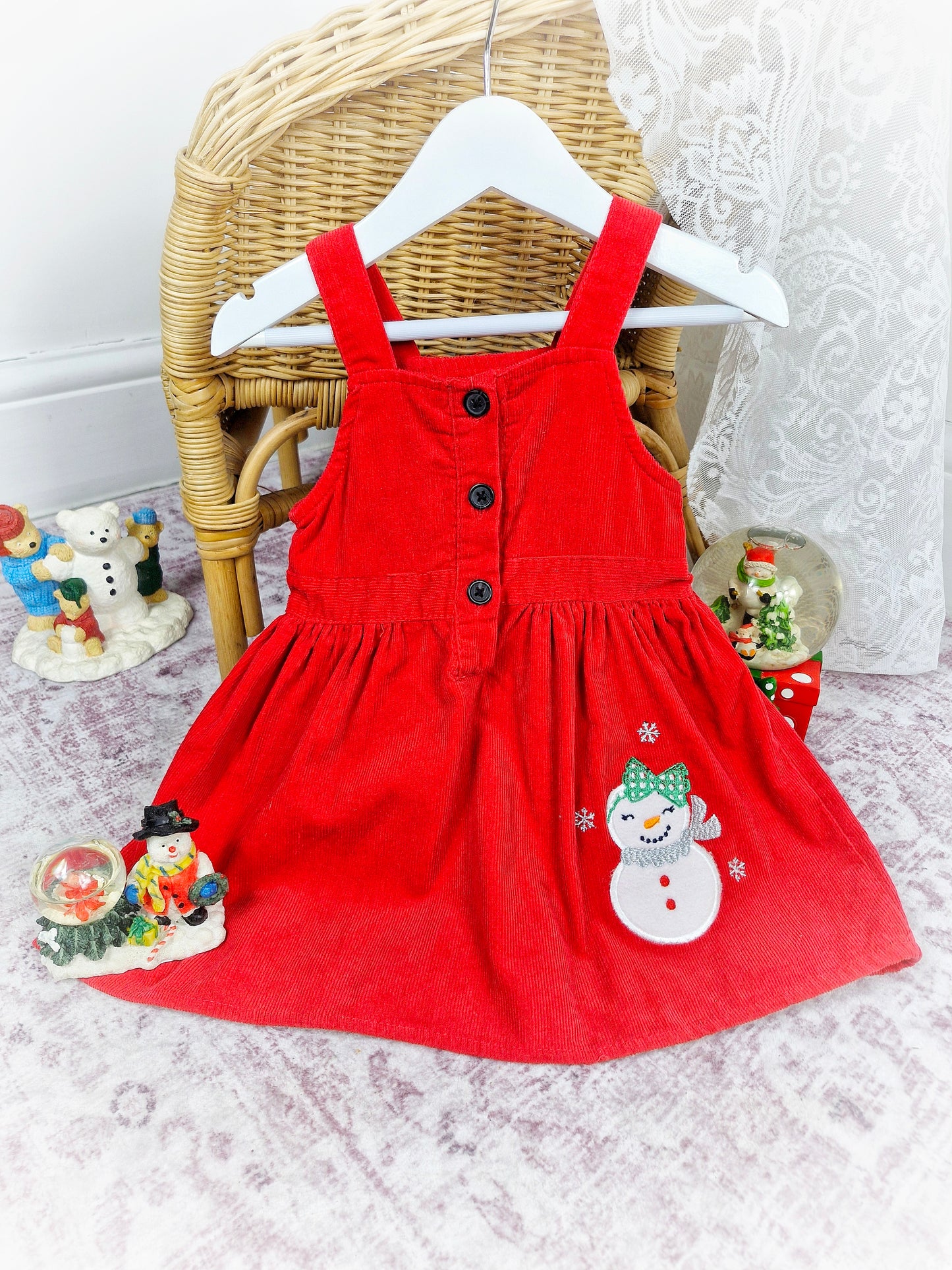 18-24 months. Red corduroy overall dress with snowman applique. By Young Hearts