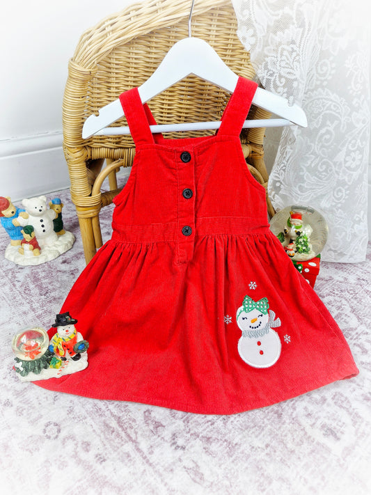 18-24 months. Red corduroy overall dress with snowman applique. By Young Hearts