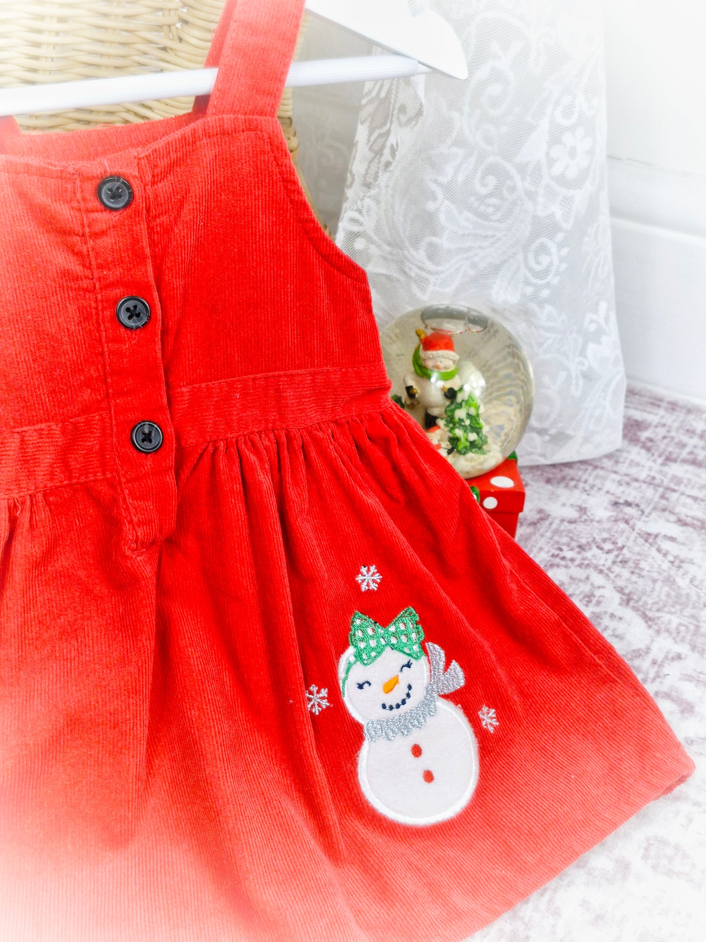 18-24 months. Red corduroy overall dress with snowman applique. By Young Hearts
