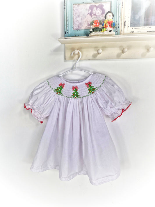 18 months. White smock dress white embroidered Christmas trees and red and white gingham bows