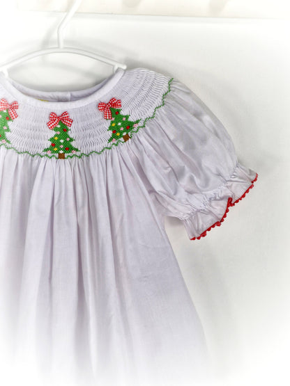 18 months. White smock dress white embroidered Christmas trees and red and white gingham bows