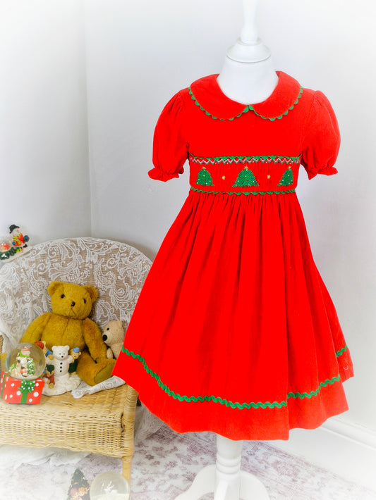 6 years. Red corduroy vintage inspired Christmas smock dress