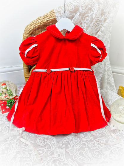 18-24 months. Red velvet vintage dress with puff sleeves and collar by Mayfair. Bubble hem.