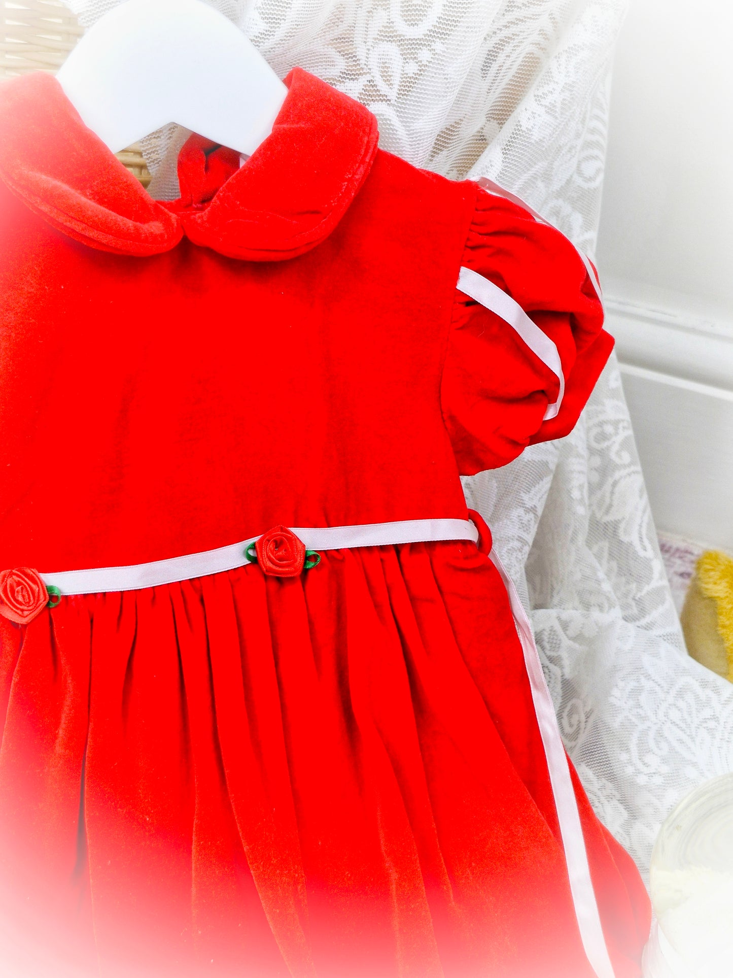 18-24 months. Red velvet vintage dress with puff sleeves and collar by Mayfair. Bubble hem.