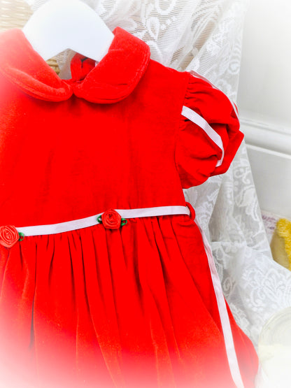 18-24 months. Red velvet vintage dress with puff sleeves and collar by Mayfair. Bubble hem.