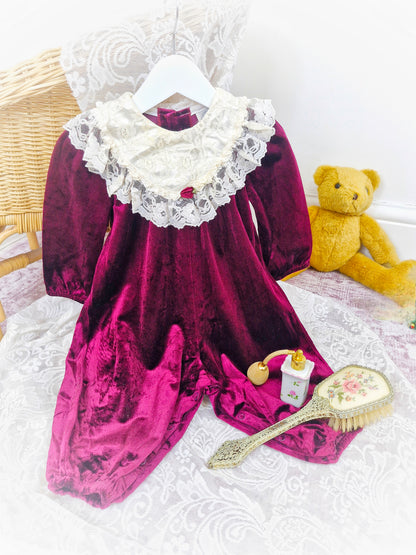 12 months. Vintage Rare Editions soft velvet romper with cream lace bib