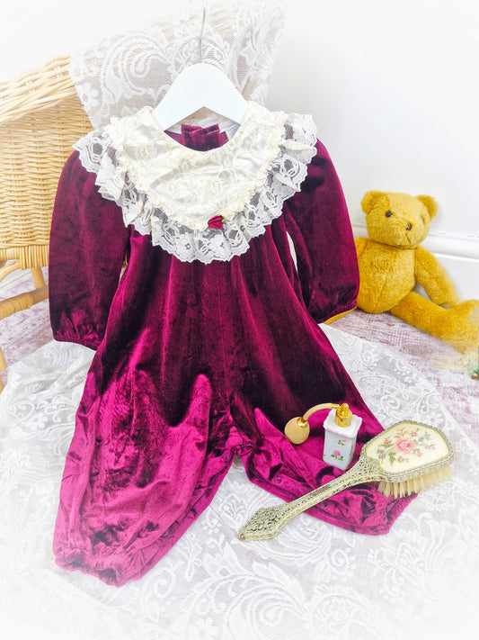 12 months. Vintage Rare Editions soft velvet romper with cream lace bib