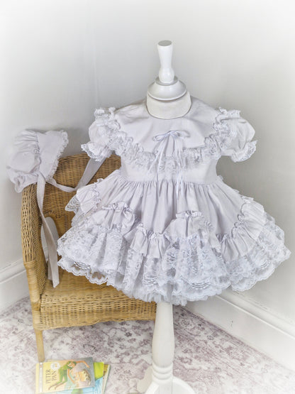 18-24 months/2 years. All white Lid'l Dolly with matching bonnet