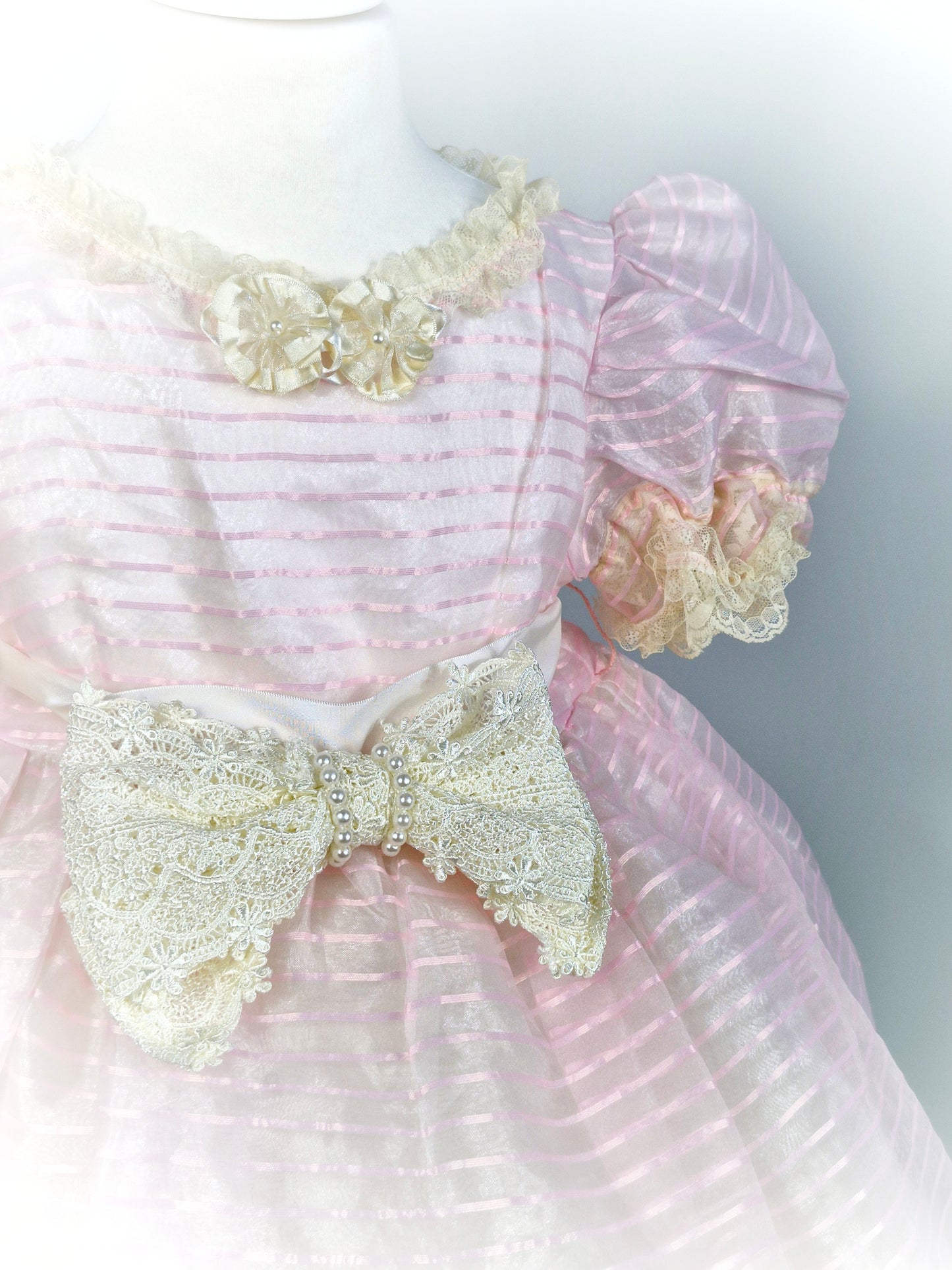 4 years. Soft pink sheer vintage dress with cream lace details and puff sleeves