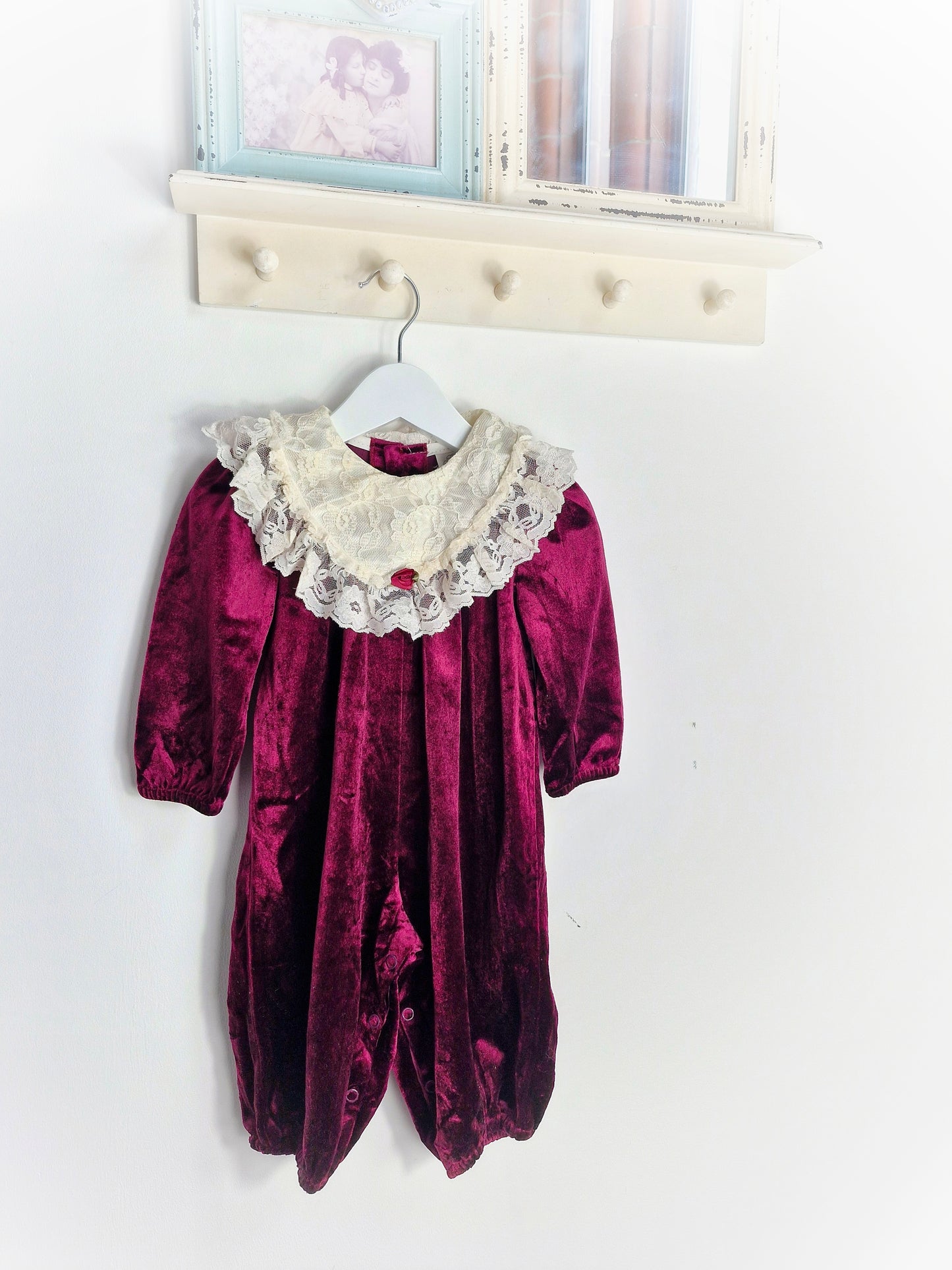12 months. Vintage Rare Editions soft velvet romper with cream lace bib